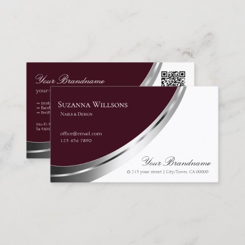 Chic Burgundy and White Silver Decor with QR_Code Business Card