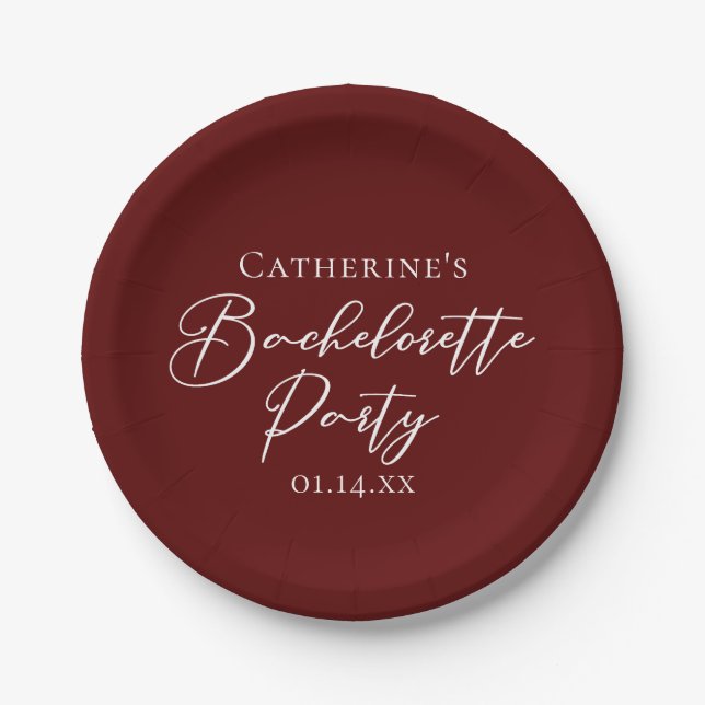 Chic Burgundy Bachelorette Party Personalized Paper Plates (Front)