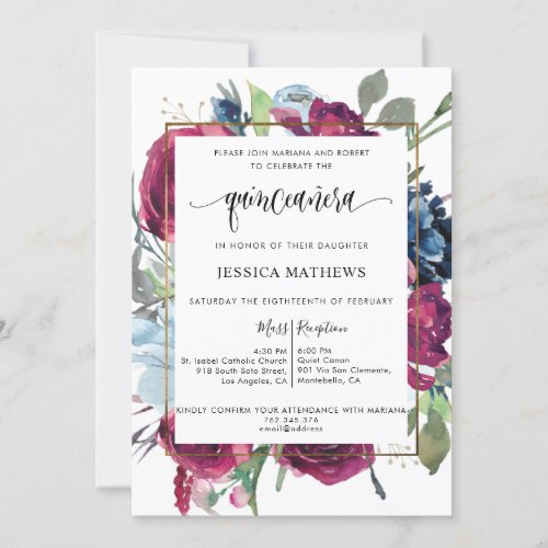 Chic Burgundy Berry Red Blue Floral  Quinceaera Invitation