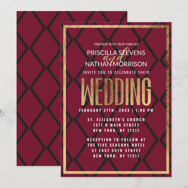 Chic Burgundy Black Gold Border Geometric Wedding Invitation (Front/Back)