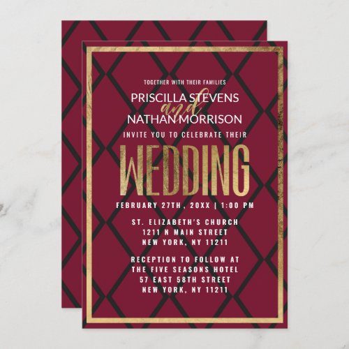 Chic Burgundy Black Gold Border Geometric Wedding Invitation