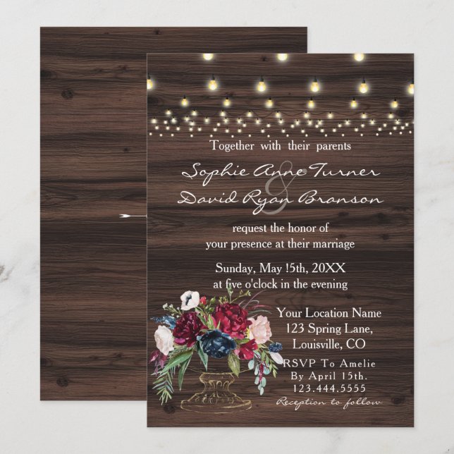 Chic Burgundy Blue Flowers Old Barn Wedding Invitation (Front/Back)