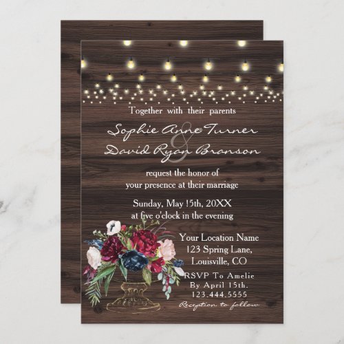 Chic Burgundy Blue Flowers Old Barn Wedding Invitation