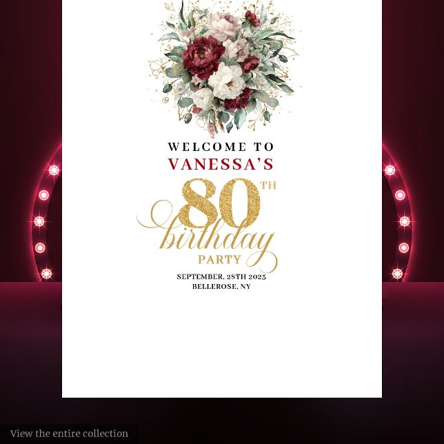 Chic Burgundy Blush 80th Birthday Banner Tapestry (Chic Burgundy Blush 80th Birthday Banner)