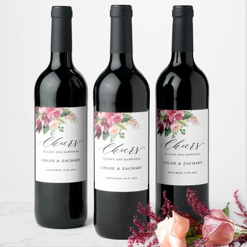 Chic Burgundy Blush and Pink Floral Cheers Wedding Wine Label