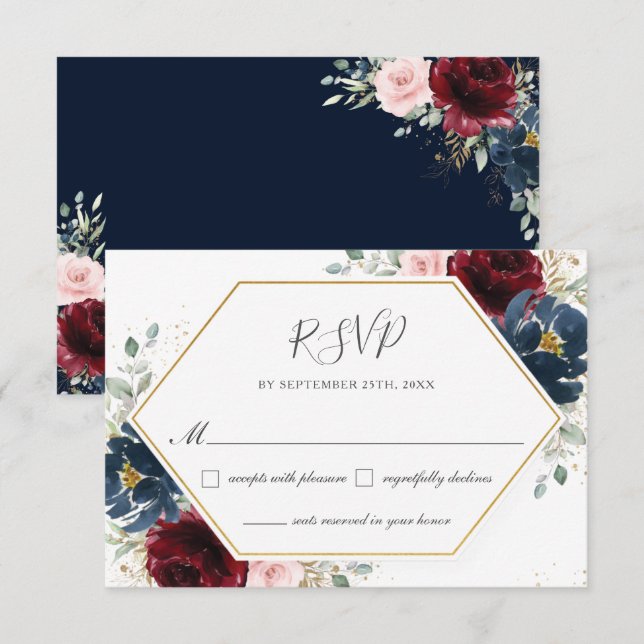 Chic Burgundy Blush Blue Floral Greenery Wedding RSVP Card (Front/Back)