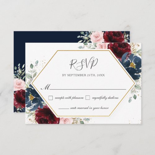 Chic Burgundy Blush Blue Floral Greenery Wedding RSVP Card