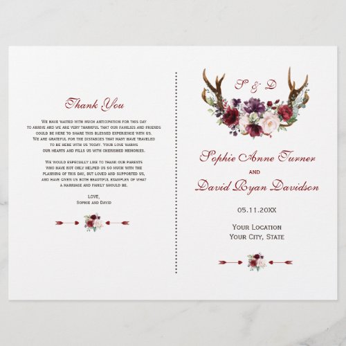 Chic Burgundy Blush Floral Antlers Wedding Program