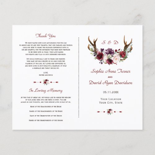 Chic Burgundy Blush Floral Antlers Wedding Program Flyer