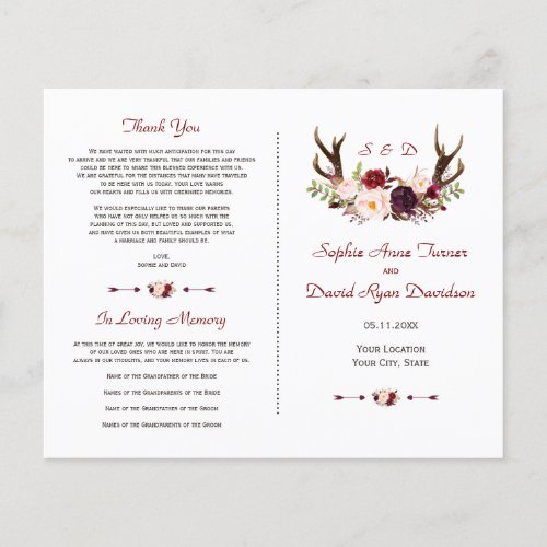 Chic Burgundy Blush Floral Antlers Wedding Program Flyer