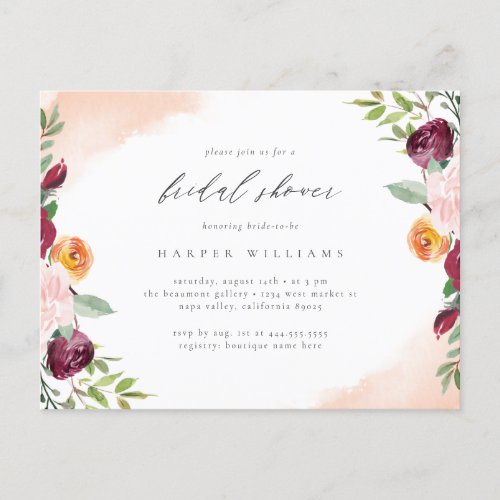 Chic Burgundy Blush Floral Botanical Bridal Shower Invitation Postcard