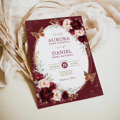 Chic Burgundy Blush Floral Butterfly Wedding Party Invitation