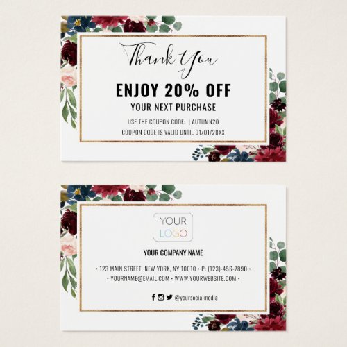Chic Burgundy Blush Floral Discount Coupon Card