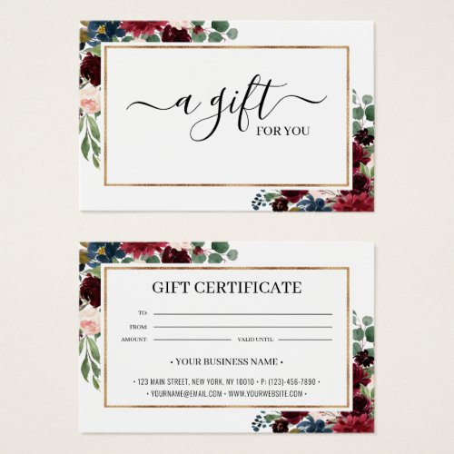 Chic Burgundy Blush Floral Gift Certificate Card