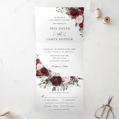 Chic Burgundy Blush Floral Greenery Wedding RSVP  Tri_Fold Invitation