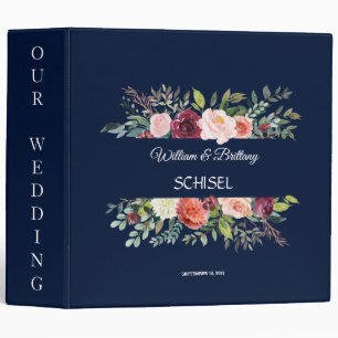 Chic Burgundy Blush Floral Navy Blue Wedding Album 3 Ring Binder