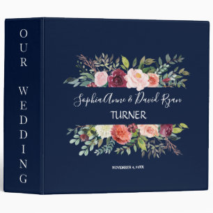 Chic Burgundy Blush Floral Navy Blue Wedding Album 3 Ring Binder