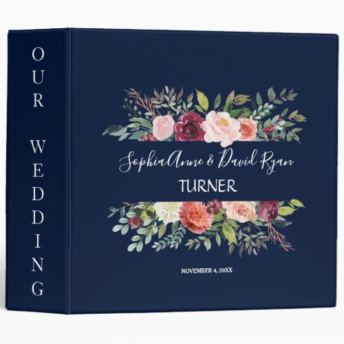 Chic Burgundy Blush Floral Navy Blue Wedding Album 3 Ring Binder