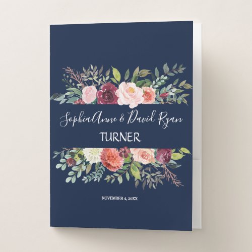 Chic Burgundy Blush Floral Navy Blue Wedding Pocket Folder