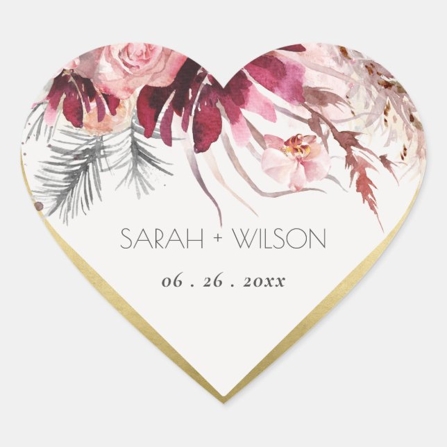 Chic Burgundy Blush Floral Pampas Grass Wedding Heart Sticker (Front)