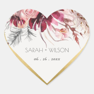 Chic Burgundy Blush Floral Pampas Grass Wedding Heart Sticker