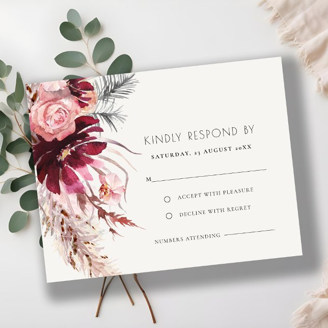 Chic Burgundy Blush Floral Pampas Grass Wedding RSVP Card (Creator Uploaded)