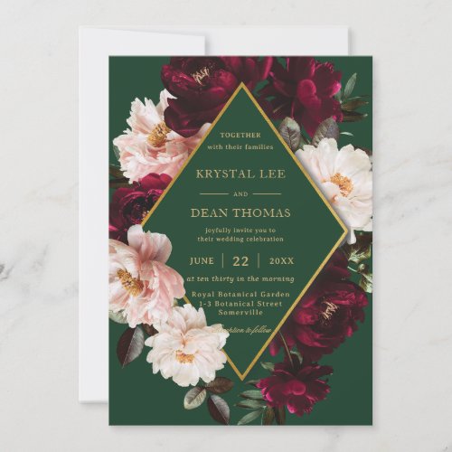 Chic Burgundy Blush Floral Peonies Emerald Wedding Invitation