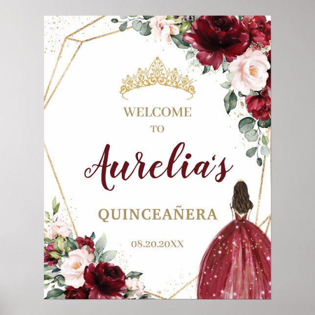 Chic Burgundy Blush Floral Quinceañera Welcome  Poster (Front)