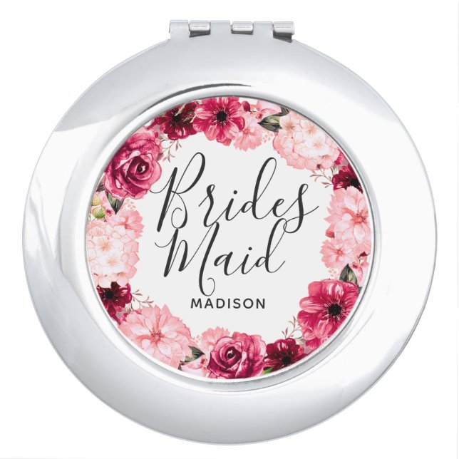Chic Burgundy & Blush Floral Wreath Bridesmaid Compact Mirror (Front)