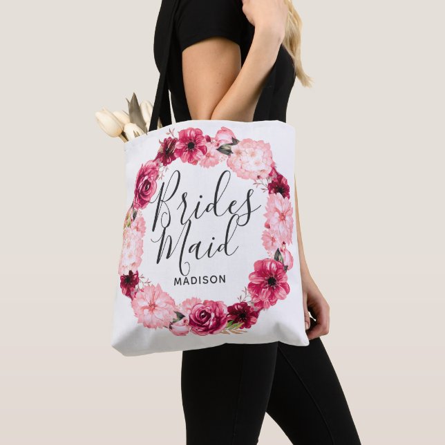 Chic Burgundy & Blush Floral Wreath Bridesmaid Tote Bag (Close Up)