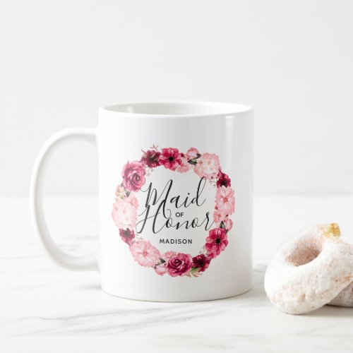 Chic Burgundy  Blush Floral Wreath Maid of Honor Coffee Mug