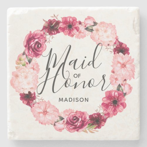 Chic Burgundy  Blush Floral Wreath Maid of Honor Stone Coaster