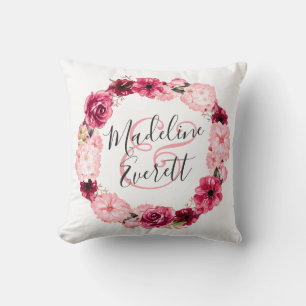 Chic Burgundy & Blush Floral Wreath Monogram Ring Throw Pillow