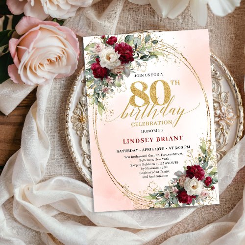 Chic Burgundy Blush Flowers 80th Birthday Invite