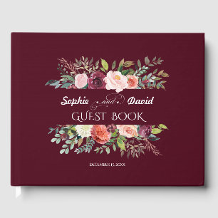 Chic Burgundy Blush Ivory Floral Frame Wedding Guest Book