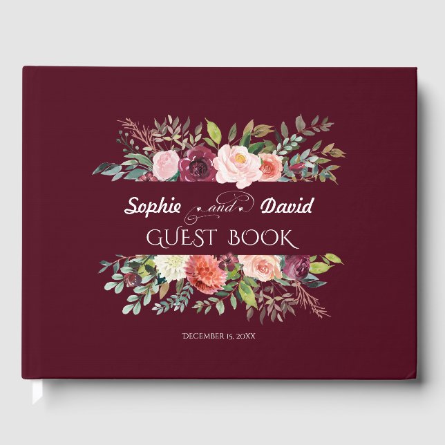 Chic Burgundy Blush Ivory Floral Frame Wedding Guest Book (Front)