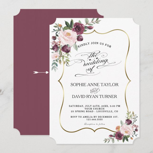 Chic Burgundy Blush Ivory Floral Maroon Wedding Invitation (Front/Back)