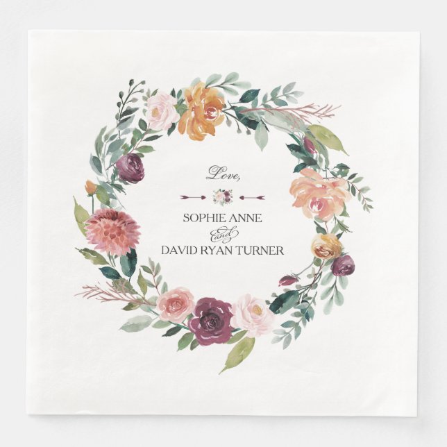 Chic Burgundy Blush Ivory Floral Wreath Wedding Paper Dinner Napkins (Front)