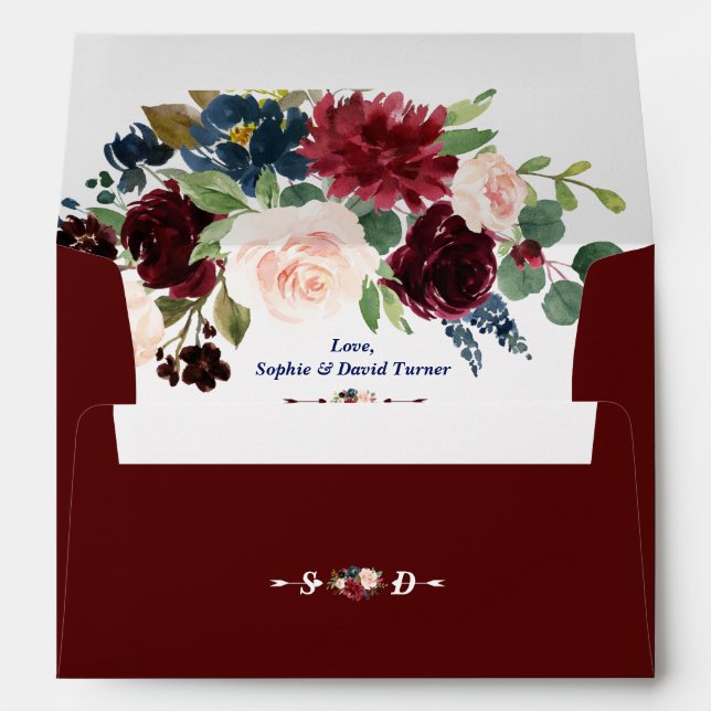 Chic Burgundy Blush Navy Blue Floral Wedding Envelope (Back (Bottom))