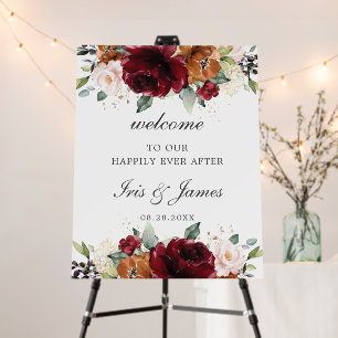 Chic Burgundy Blush Orange Floral Wedding Welcome Foam Board
