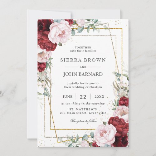 Chic Burgundy Blush Peonies Floral Geometric Invitation