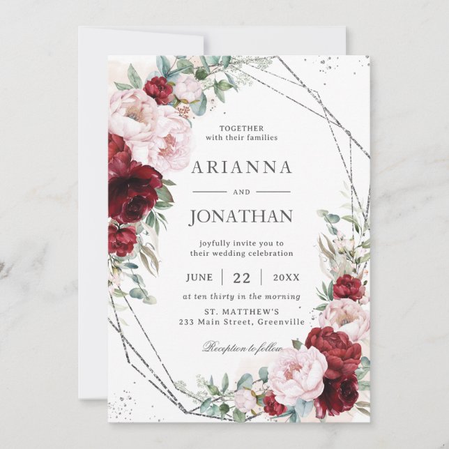 Chic Burgundy Blush Peonies Floral Silver Wedding Invitation (Front)