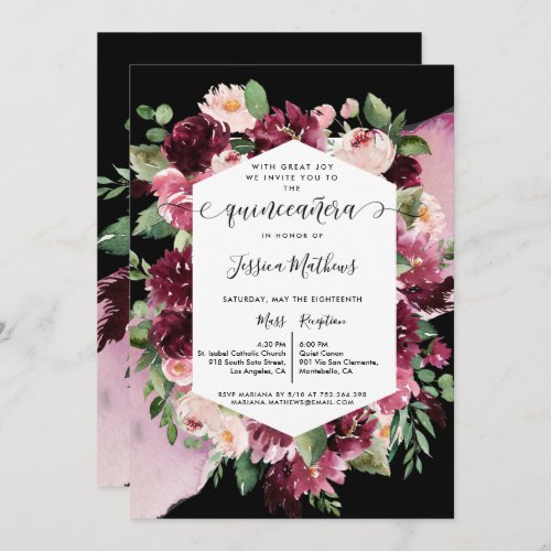 Chic Burgundy Blush Pink Black Quinceanera Floral Invitation