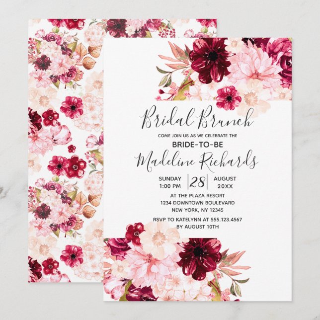 Chic Burgundy Blush Pink Bridal Brunch Invitation (Front/Back)