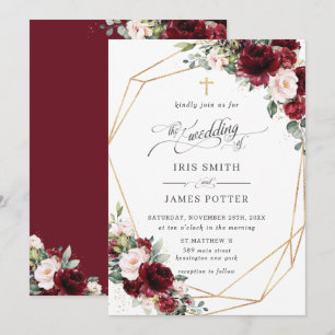 Chic Burgundy Blush Pink Floral Church Wedding Invitation
