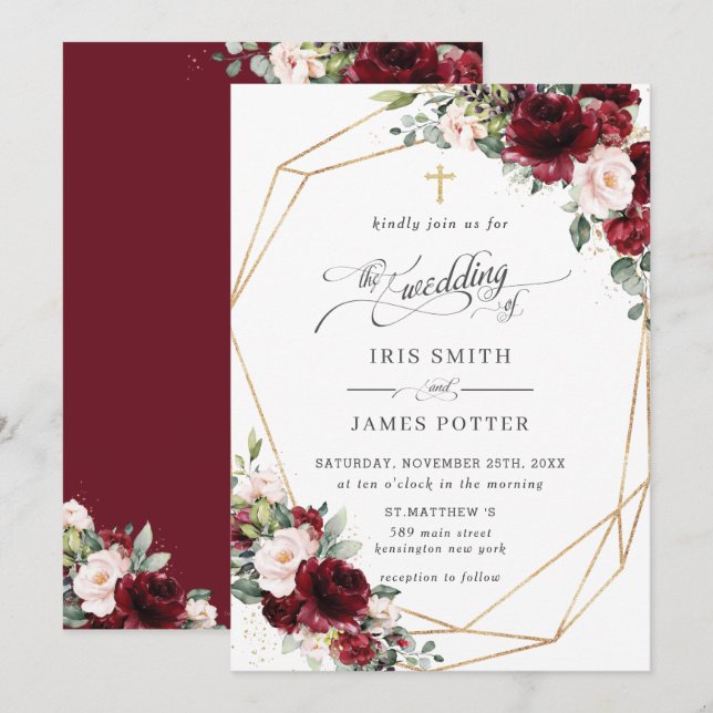 Chic Burgundy Blush Pink Floral Church Wedding   Invitation (Front/Back)