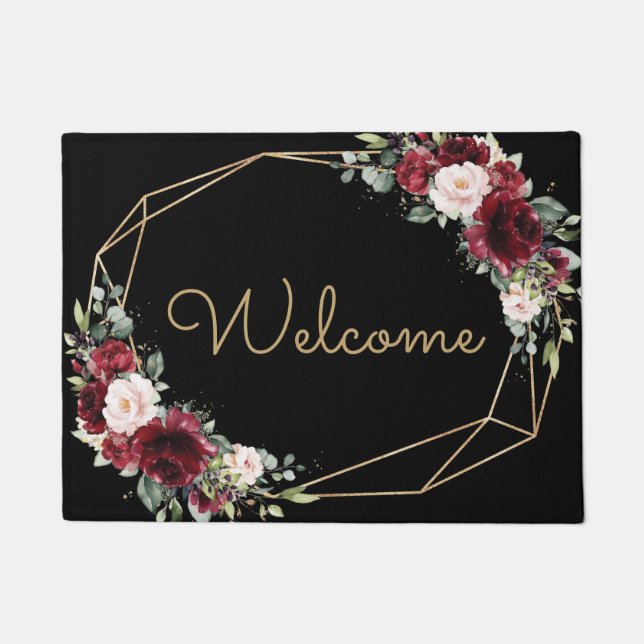 Chic Burgundy Blush Pink Floral Gold Geometric Doormat (Front)