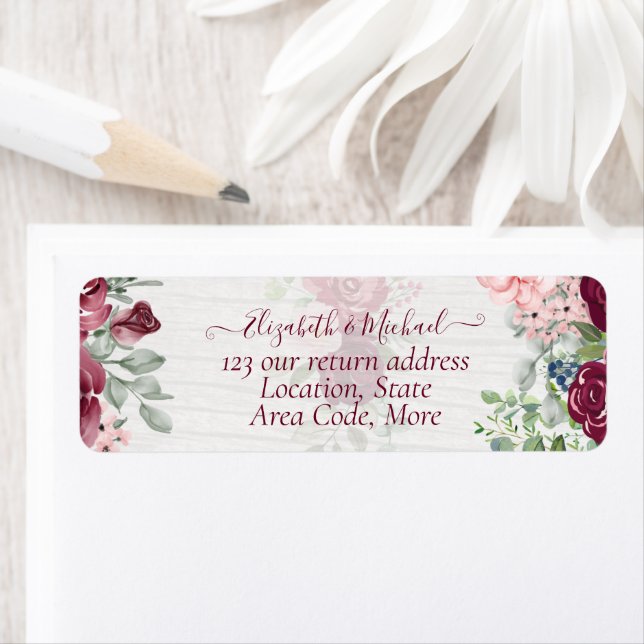 Chic Burgundy Blush Pink Floral Greenery Wedding Label (Insitu)