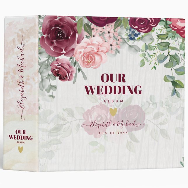 Chic Burgundy Blush Pink Floral Wedding ALBUM 3 Ring Binder (Front/Spine)