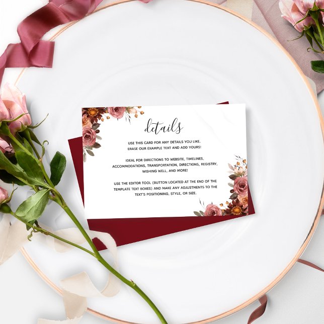 Chic Burgundy, Blush, Pink Floral Wedding Details Enclosure Card (Creator Uploaded)